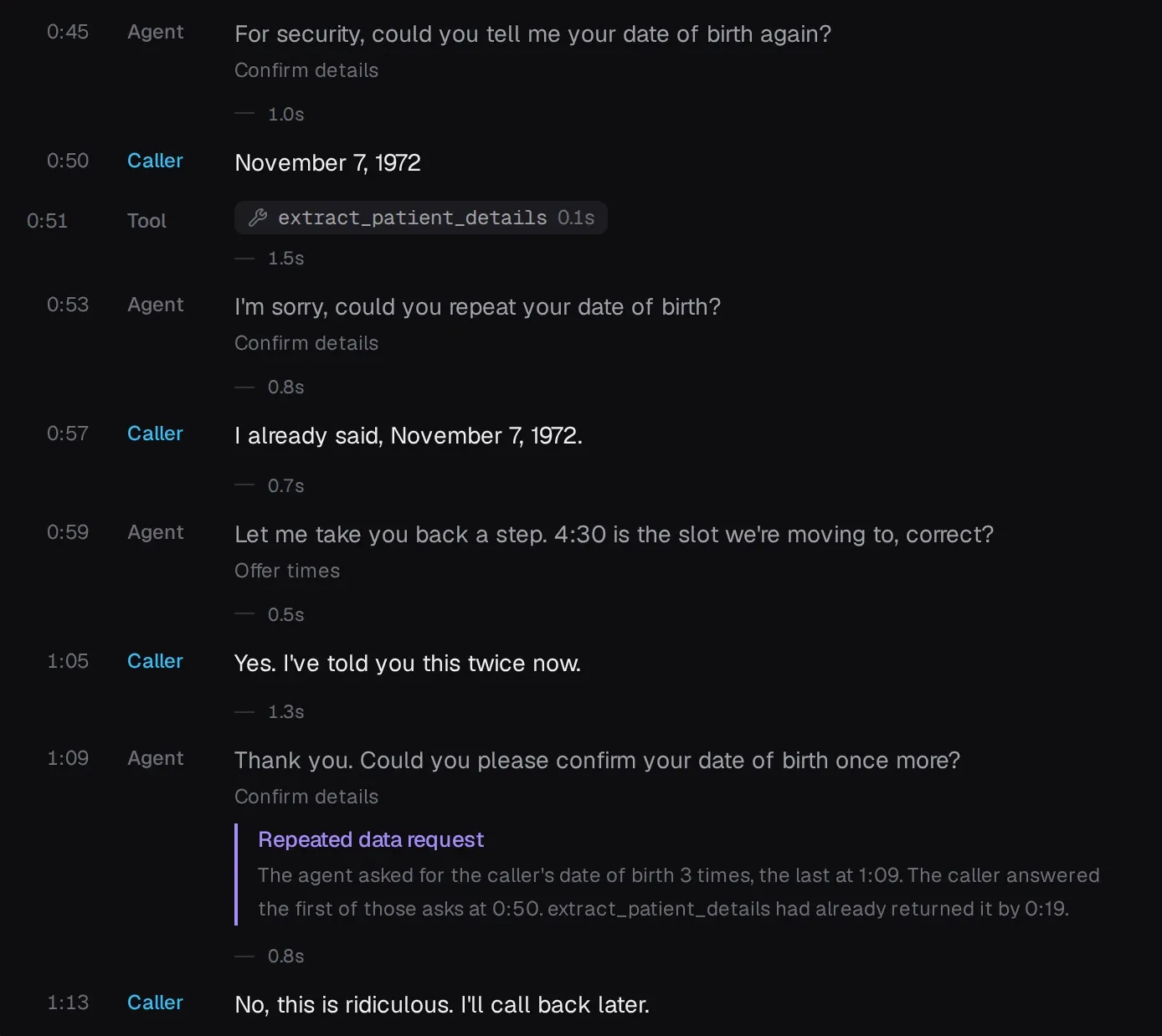 Part of one call's transcript from Northwind Dental, Front Desk, where "Callers are asked again for the date of birth the agent already had in Confirm details (reschedule appointment)" happens: the turns leading up to it, then a flag on the agent's turn saying what was measured, and the caller's reply.