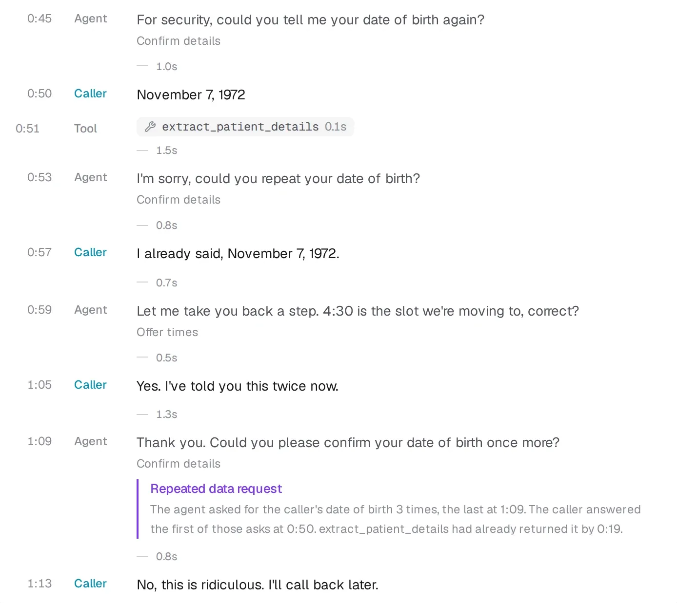 Part of one call's transcript from Northwind Dental, Front Desk, where "Callers are asked again for the date of birth the agent already had in Confirm details (reschedule appointment)" happens: the turns leading up to it, then a flag on the agent's turn saying what was measured, and the caller's reply.